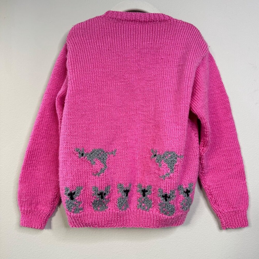 HAND KNIT Kangaroo Koala Cardigan Girls 6 Pink Sweater Australian Animals Girl - Picture 2 of 6